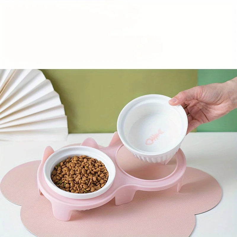 Pet ceramic feeding bowl, double bowl, inclined angle to hold food and water, protect the cat's cervical spine.