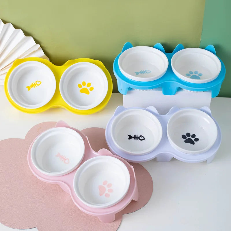 Pet ceramic feeding bowl, double bowl, inclined angle to hold food and water, protect the cat's cervical spine.